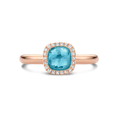 Roségouden ring met diamant, turkoois, parelmoer en bergkristal.