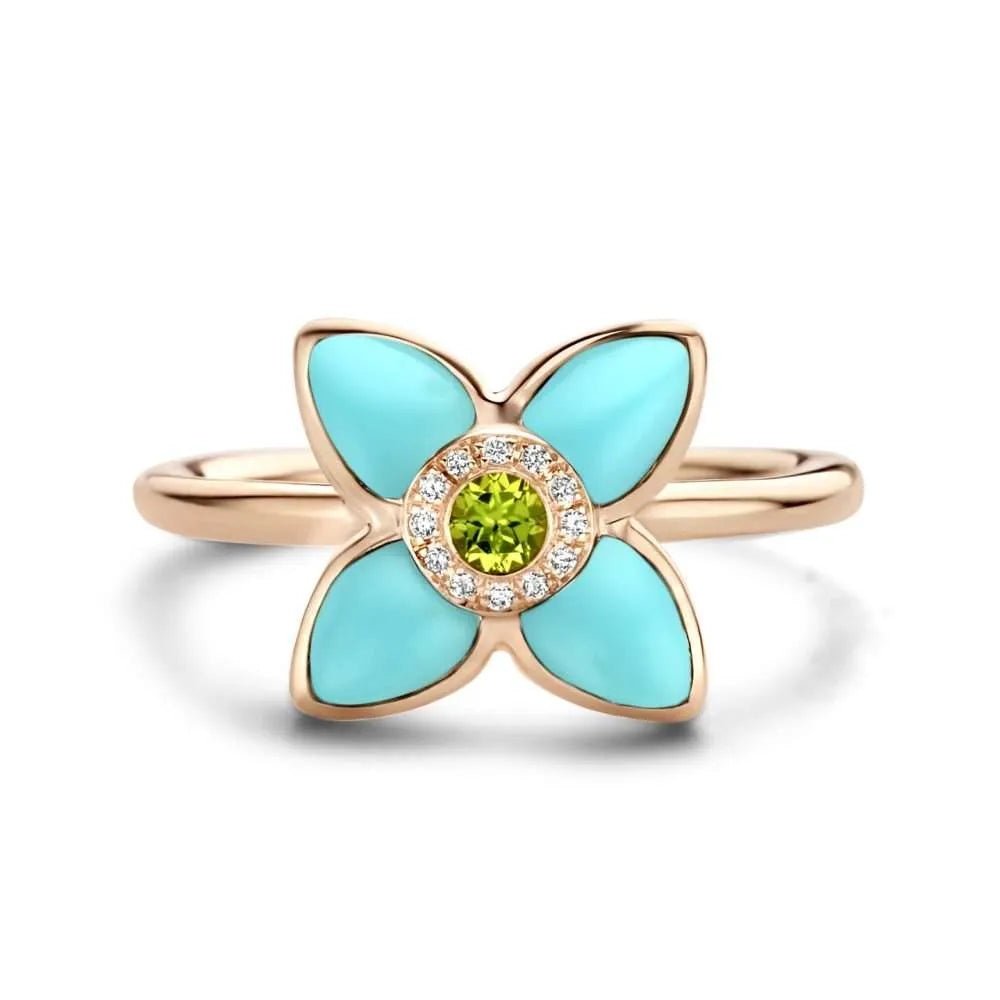 Roségouden ring met turquoise, diamant en tsavoriet