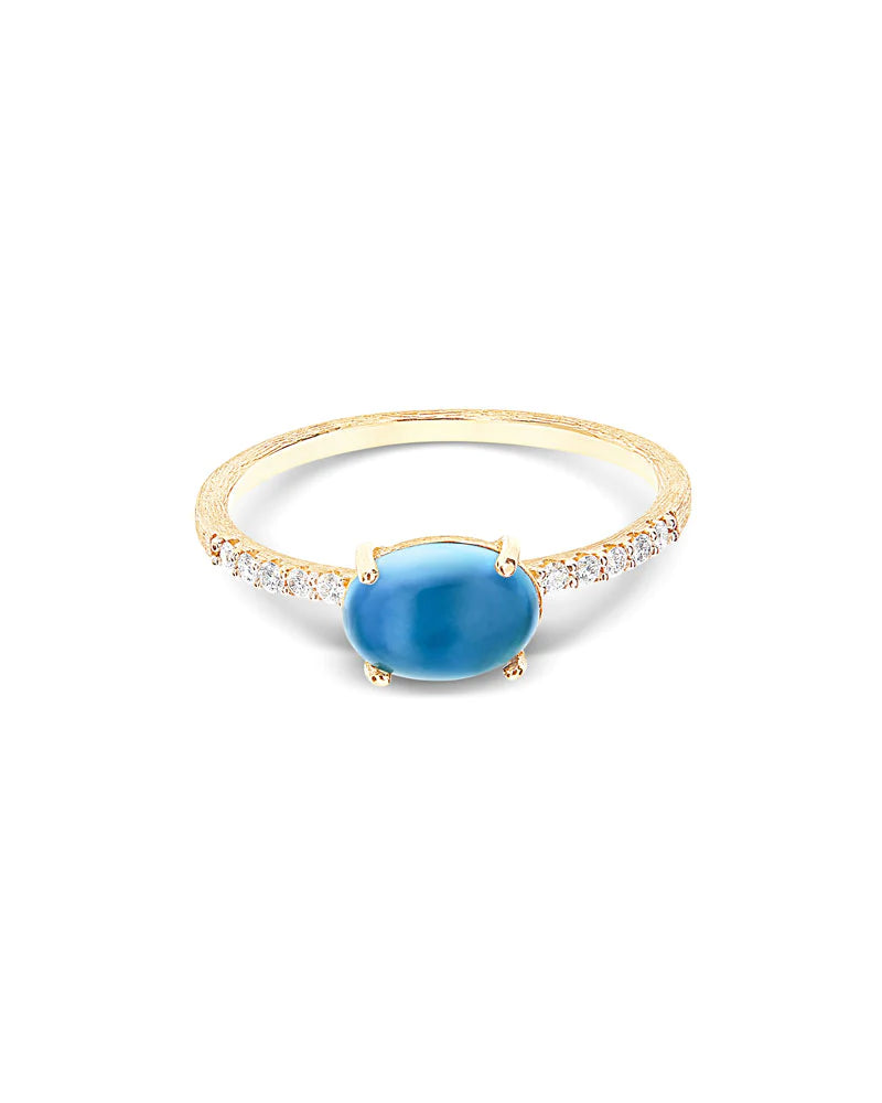 Geelgouden ring met london blue topaas en diamant ''Azure, medium''
