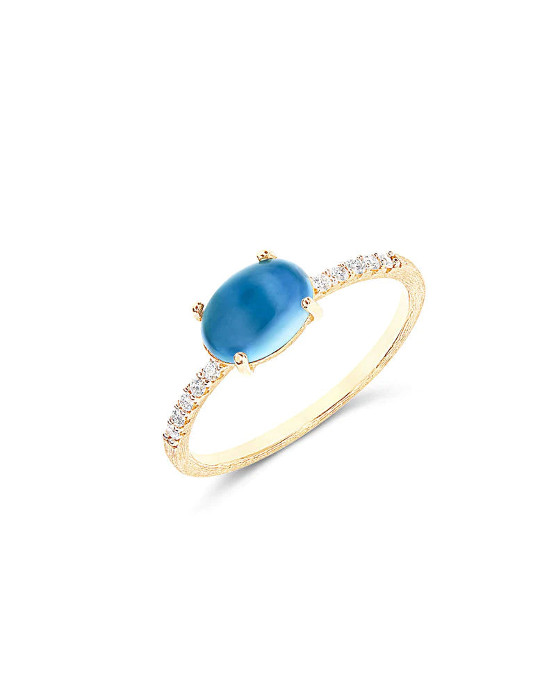 Geelgouden ring met london blue topaas en diamant ''Azure, medium''