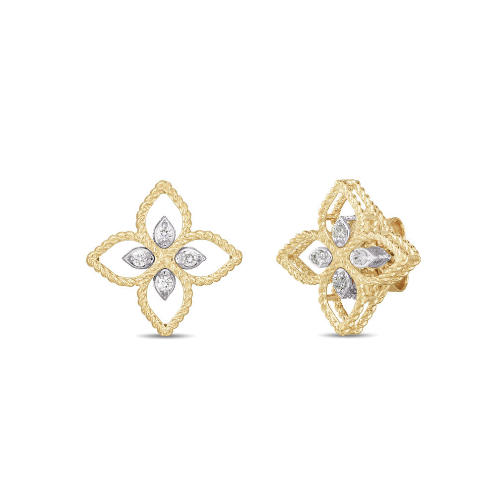 Durchbrochene Ohrringe aus Gelbgold mit Diamant „Prinzessin-Blume“