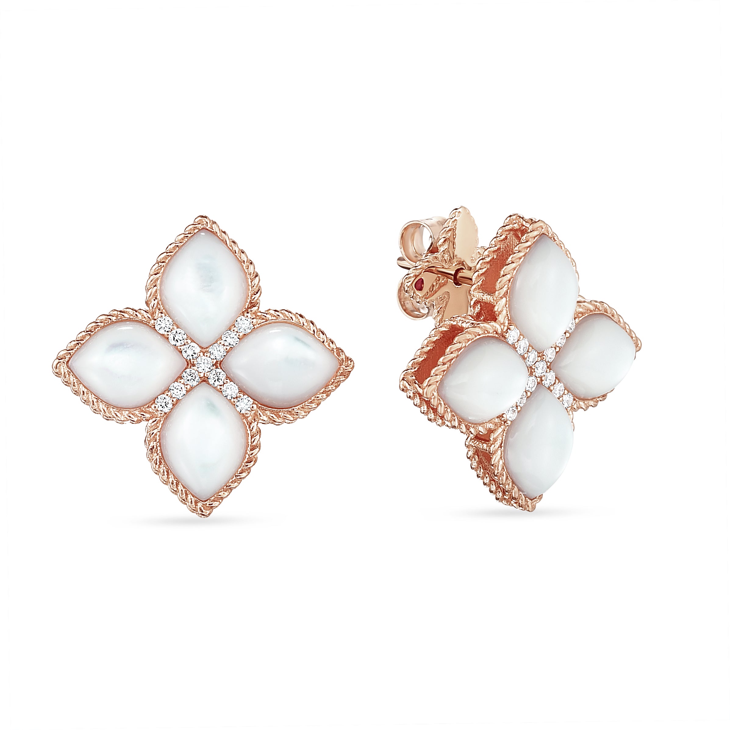 Rose gold ear studs with diamond and mother of pearl ''Princess Flower''