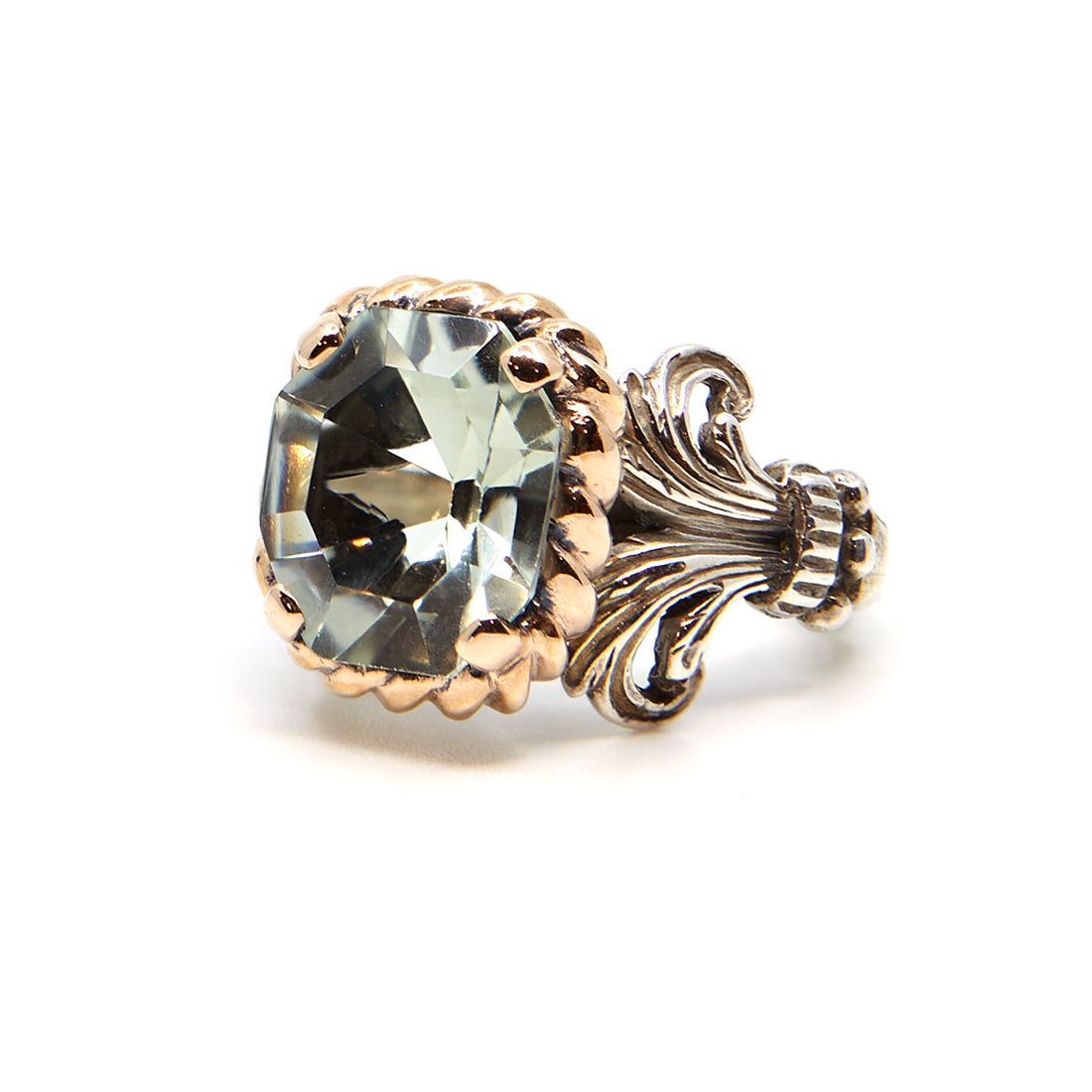 Silver with rose gold ring with prasiolite