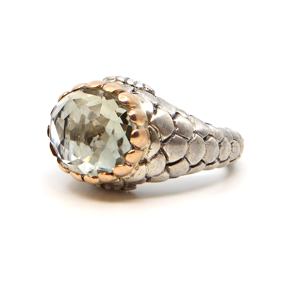 Silver and rose gold ring with prasiolite