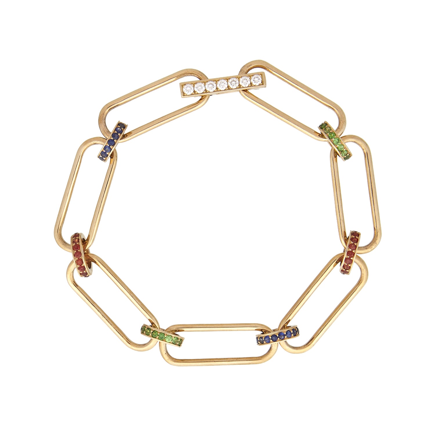 Rose gold papar clip bracelet with ruby, sapphire and tsavorite