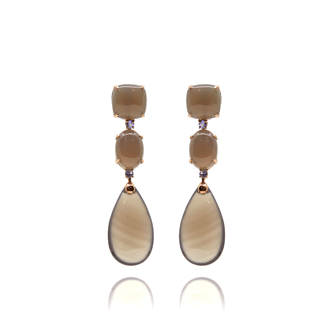Rose gold earrings with agate and tanzanite