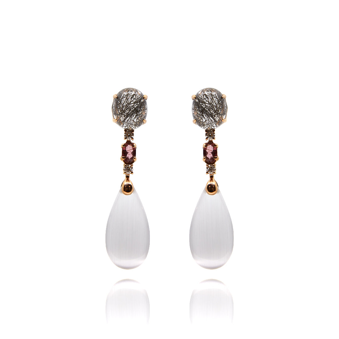 Rose gold earrings with rose quartz, tourmaline, rutilated quartz and diamond 
