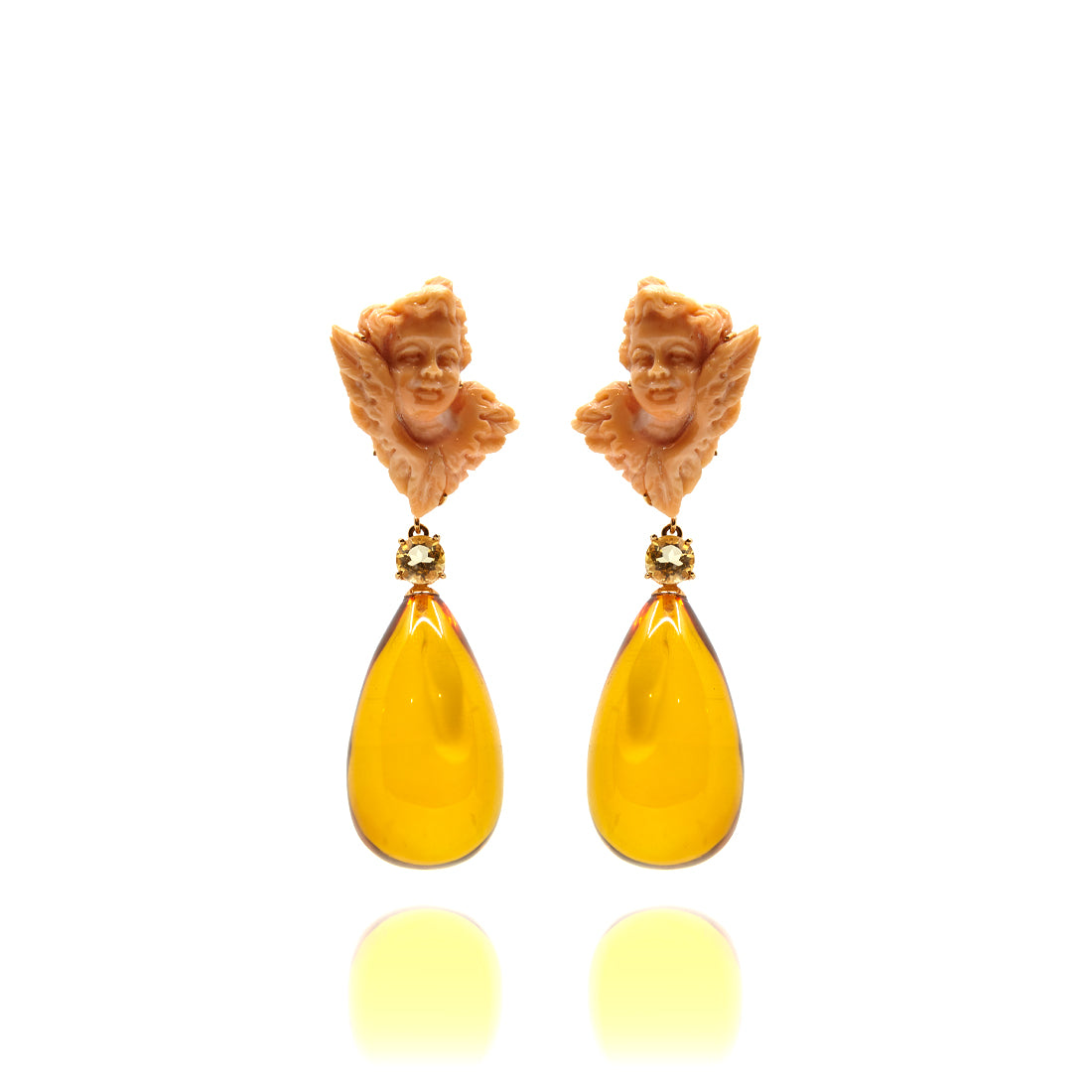 yellow gold ear jewelry with coral, citrine and amber