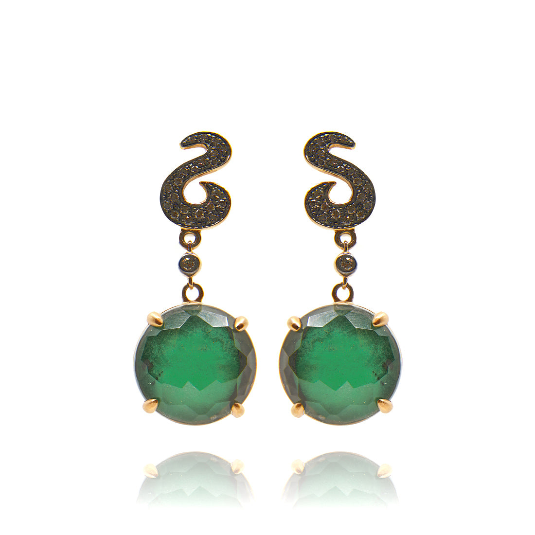 Rose gold earrings with diamond, malachite and rock crystal 