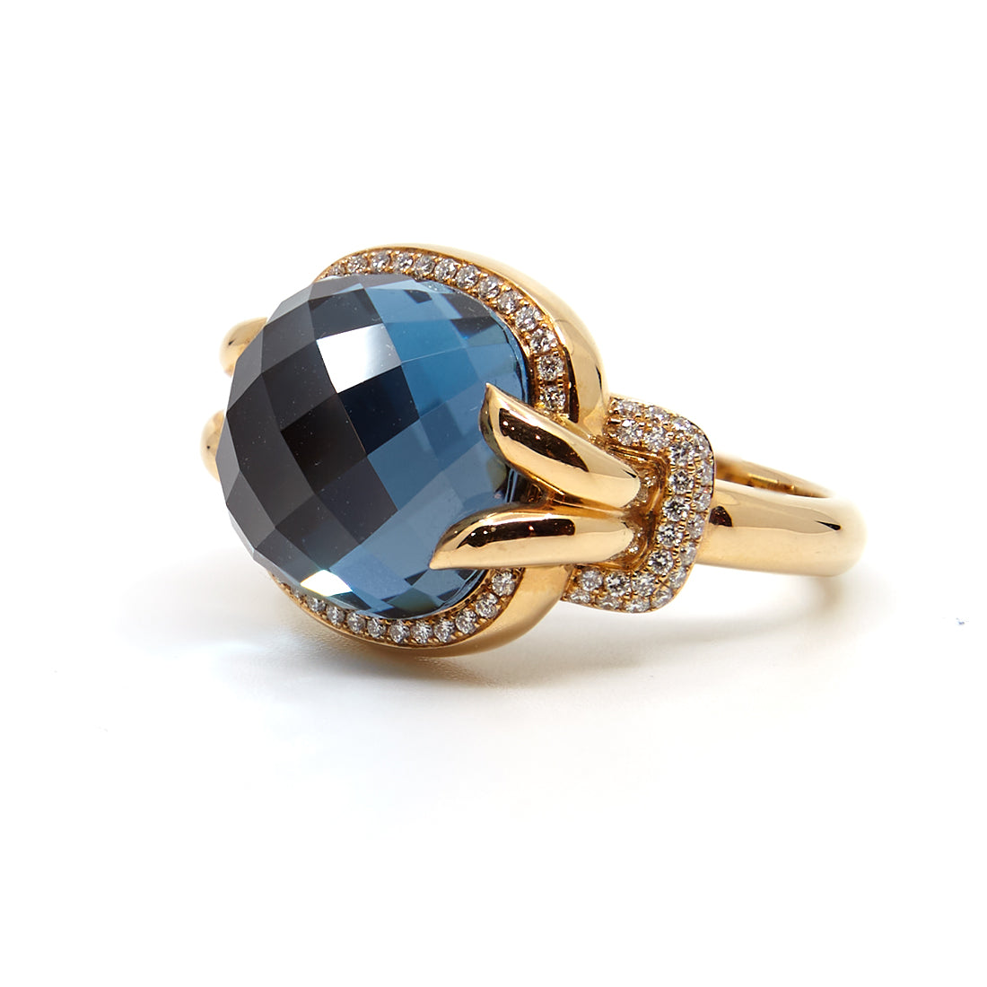 Roségouden ring met London blue topaas en diamant