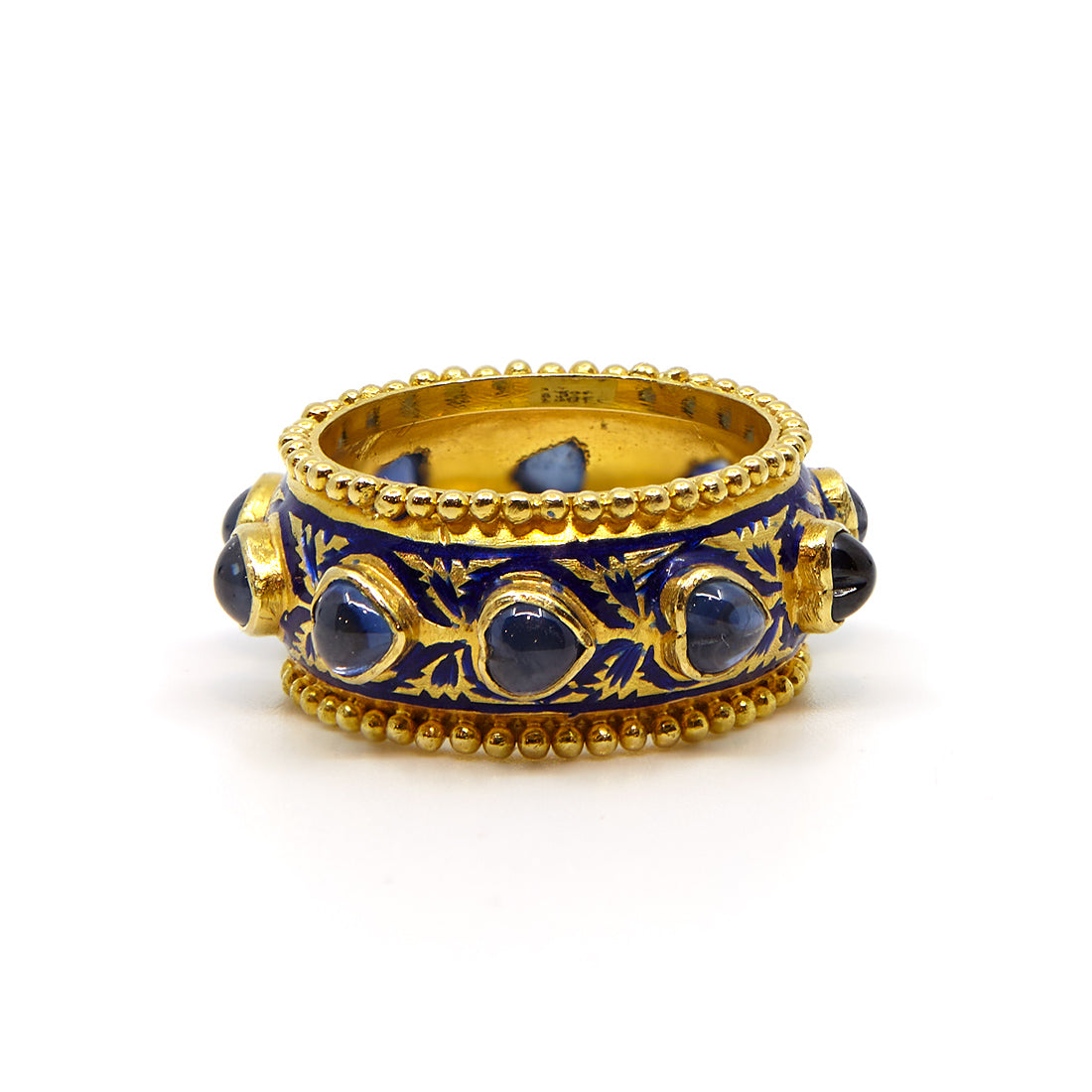 Yellow gold ring with sapphire and enamel