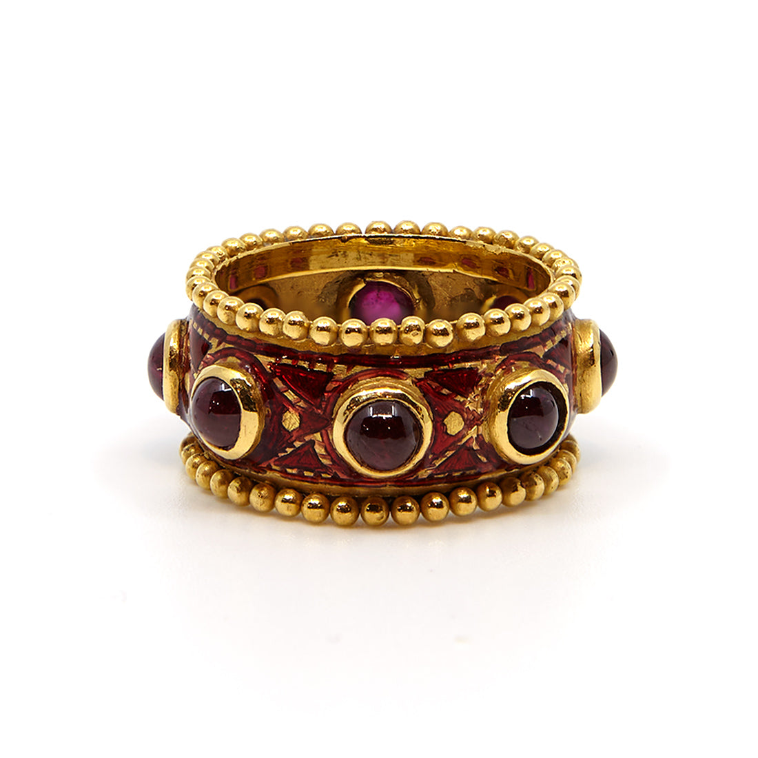 Yellow gold ring with ruby ​​and red enamel