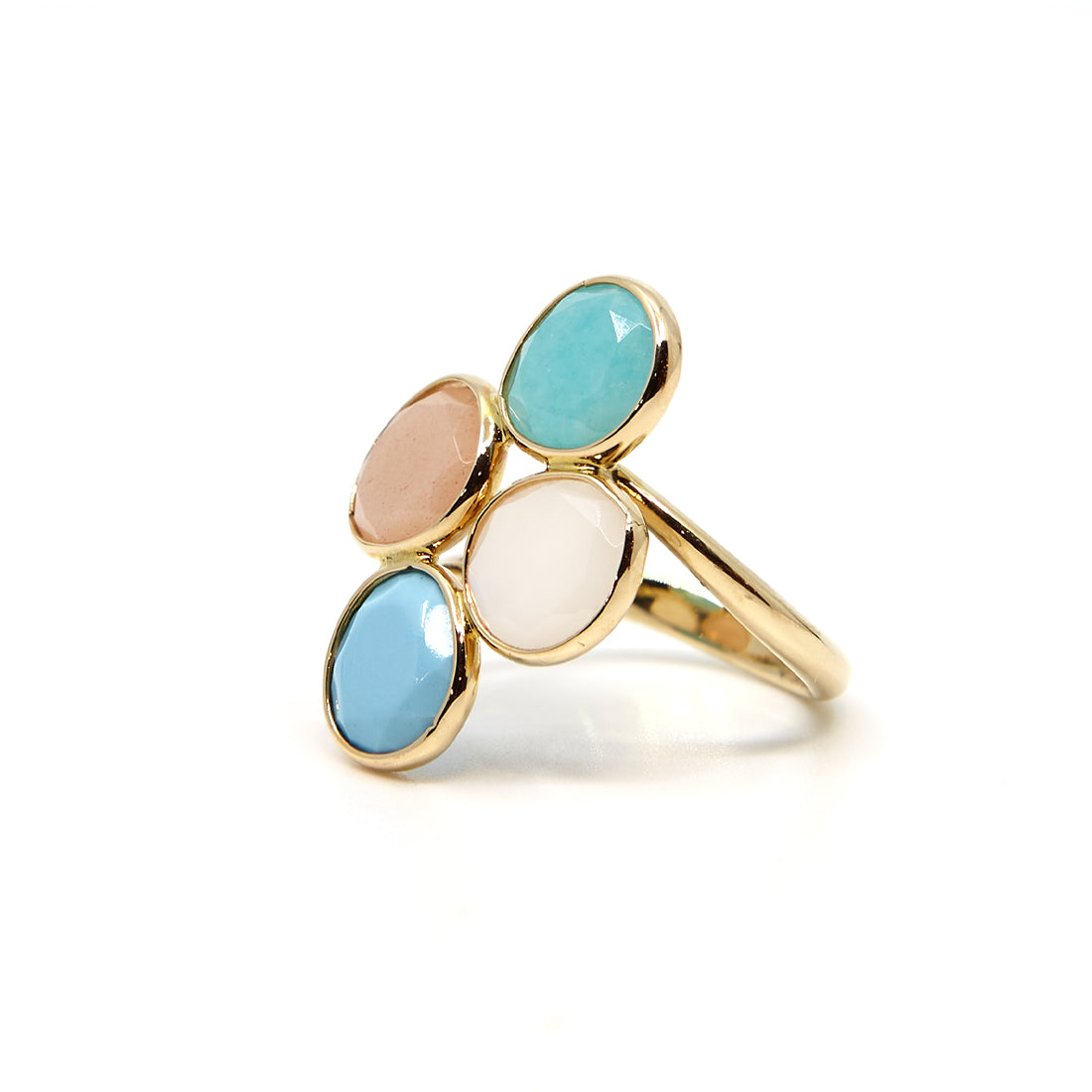Yellow gold ring with turquoise, amazonite and moonstone