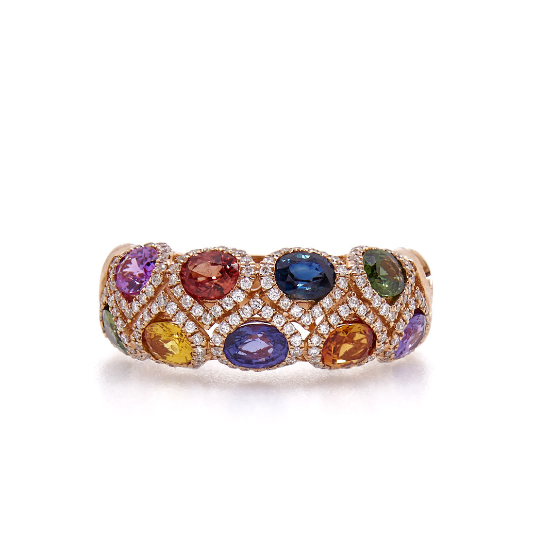 Roségouden multicolour ring met saffier en diamant.