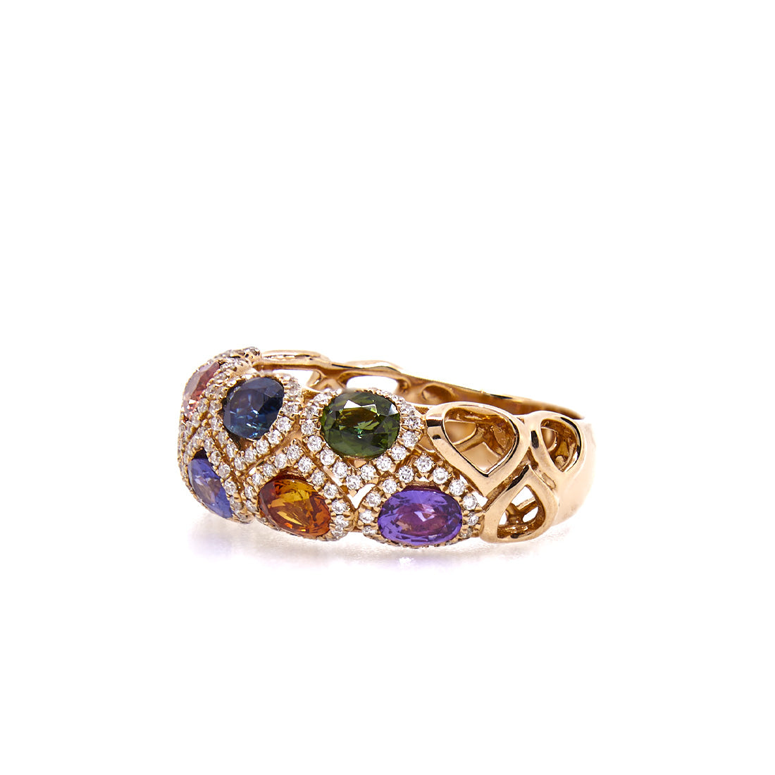 Roségouden multicolour ring met saffier en diamant.