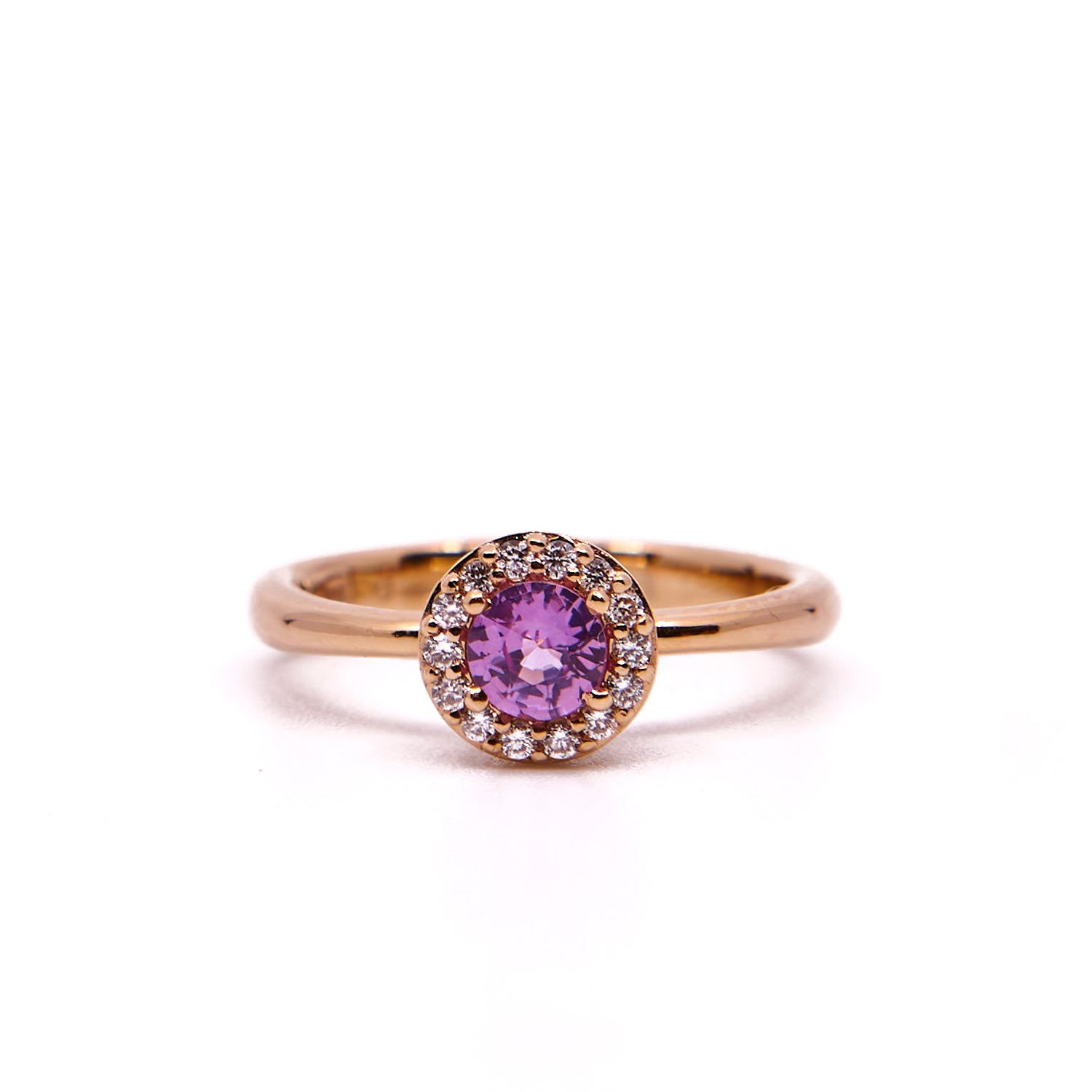 Roségouden entourage ring met roze saffier en briljant geslepen diamant
