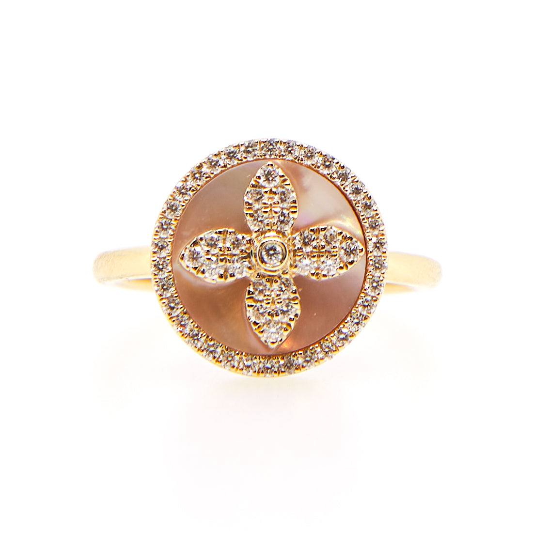 Geelgouden ring met parelmoer en diamant