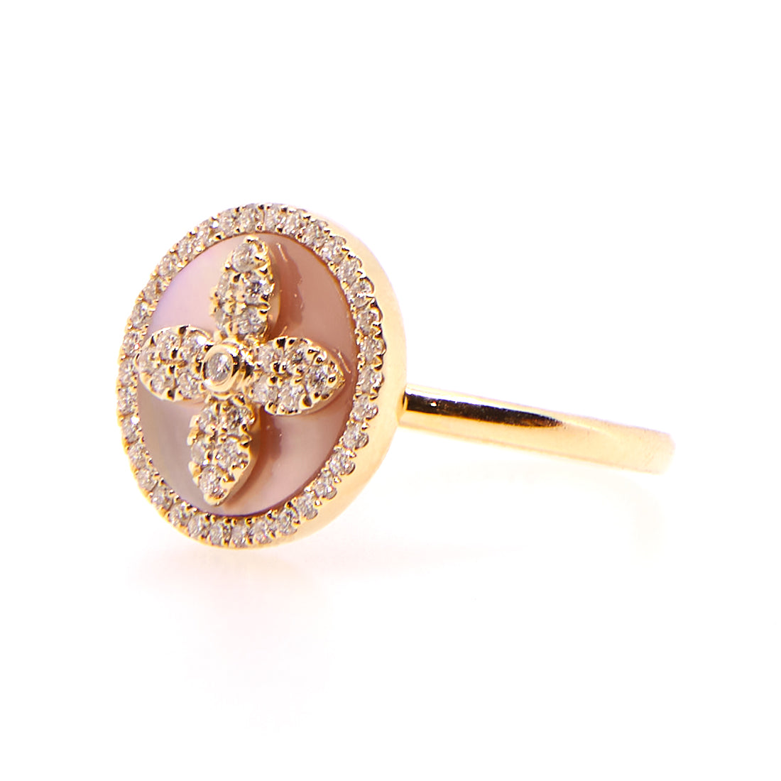 Geelgouden ring met parelmoer en diamant