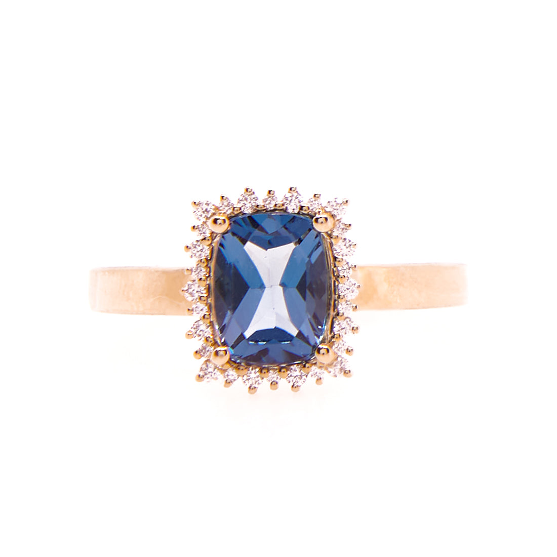 14 karaat geelgouden ring met rechthoekige London blue topaas en diamant