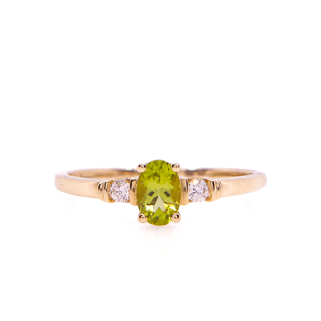 Ring aus 14 Karat Gelbgold mit ovalem Peridot und Diamant