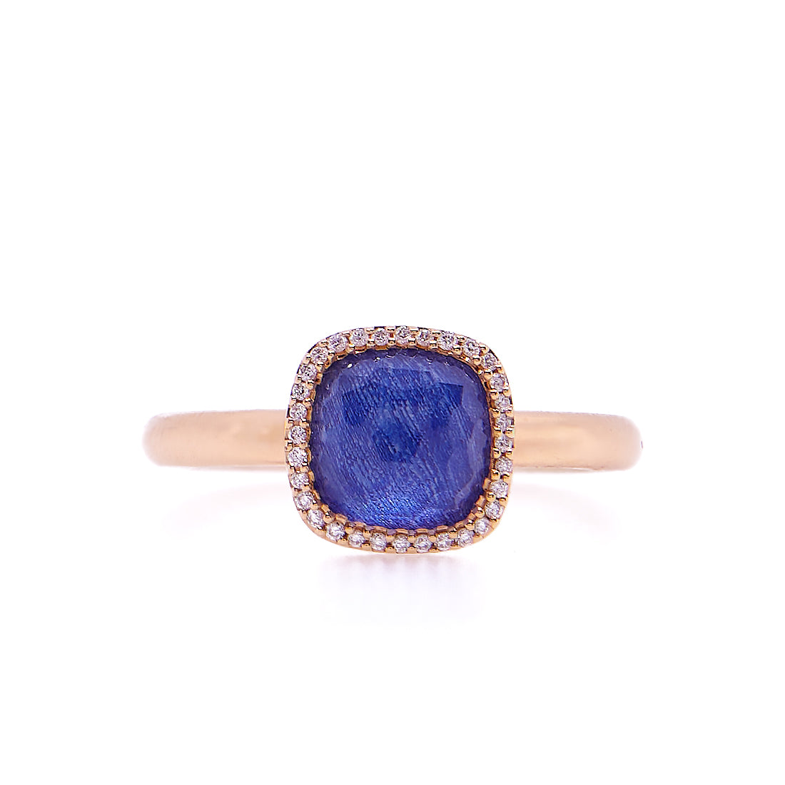 Rosegouden ring met diamant, blauwe saffier en kwarts