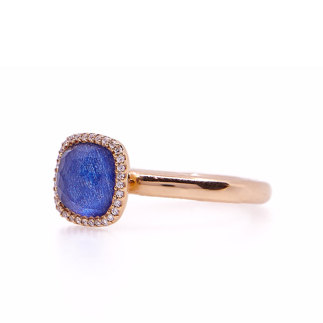 Rosegouden ring met diamant, blauwe saffier en kwarts