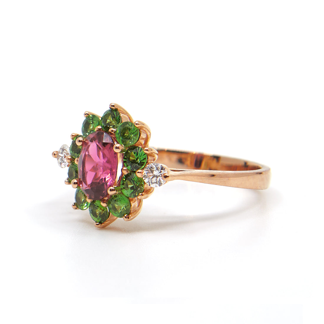 Roségouden ring met rubeliet, tsavoriet en diamant