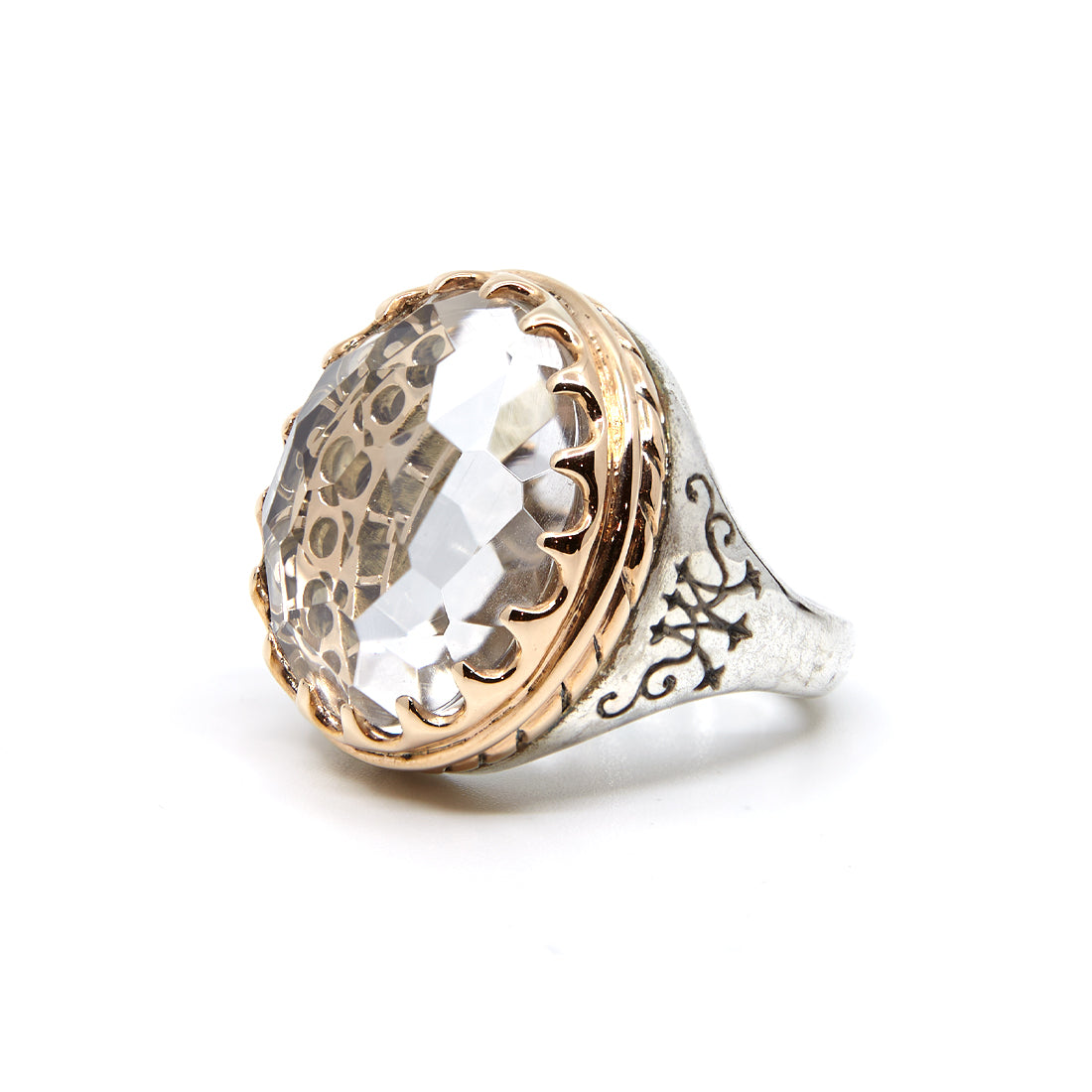 Rose gold ring with silver and rock crystal