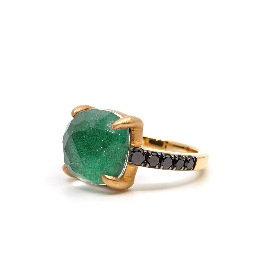 Rose gold ring with black diamond, malachite and rock crystal