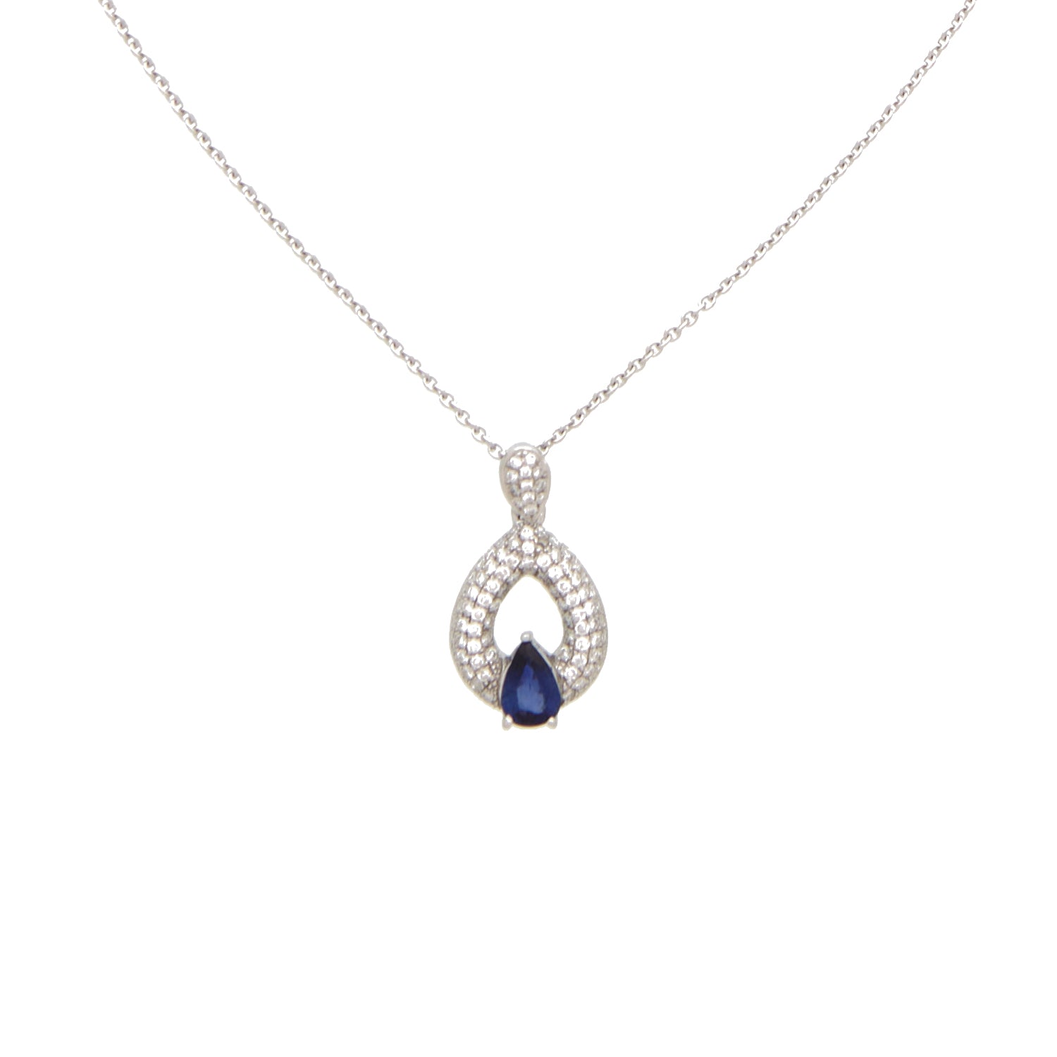 Witgouden collier met diamant en blauwe saffier hanger